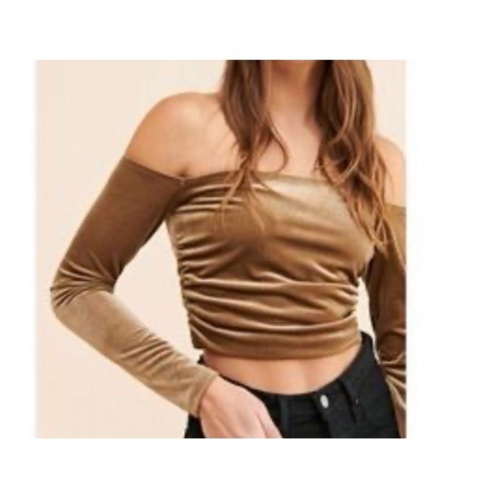 AFRM Crop Top Ruched Sides Long Sleeve Off Shoulder Velvet Stretch L Coquette